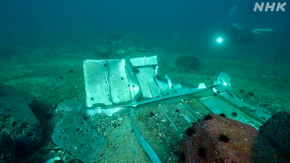 Lembaran logam dari sebuah kapal tergeletak di dasar laut.