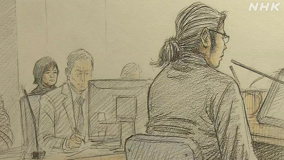 Ilustrasi pengadilan menunjukkan Yamagami, depan kanan, dan istri Abe Akie, latar belakang kiri.