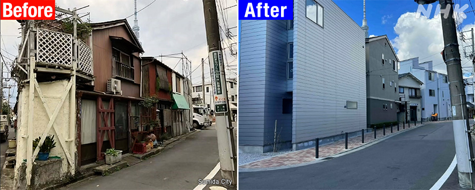 Kondisi sebelum dan sesudah pelebaran jalan di Distrik Sumida
