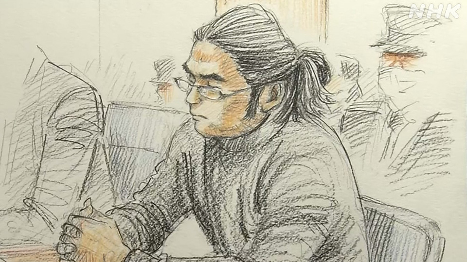 Ilustrasi persidangan menampilkan Yamagami Tetsuya saat vonis dibacakan.