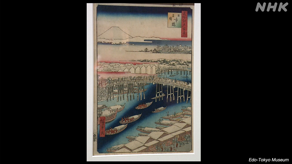 Nihonbashi digambarkan dalam karya ukiyo-e Clear morning after snow at Nihonbashi bridge karya Utagawa Hiroshige