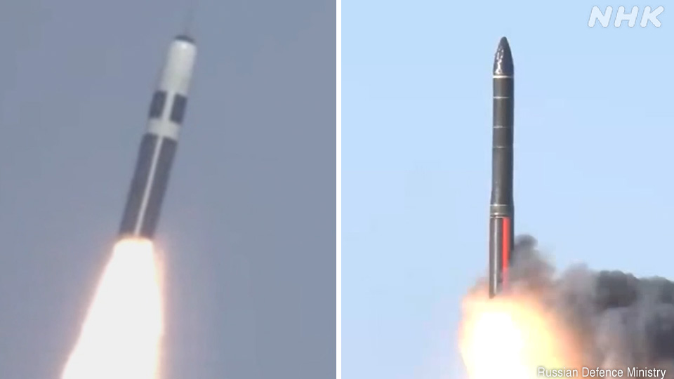 SLBM Trident 2 milik AS (kiri) dan ICBM kelas Yars milik Rusia (kanan). Kedua rudal tersebut dapat membawa hulu ledak nuklir.