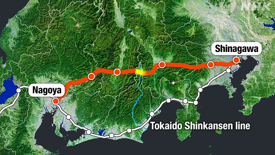 Rute Linear Chuo Shinkansen antara Shinagawa di Tokyo dan Nagoya di Prefektur Aichi. Warna kuning menunjukkan area yang pembangunannya terhambat selama hampir satu dekade.