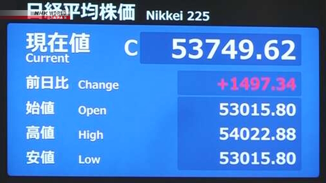 Gedung pencakar langit dan papan pergerakan saham di Tokyo saat indeks Nikkei 225 menguat.