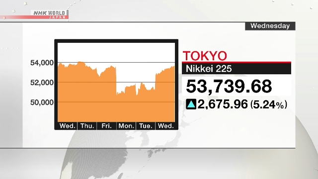 Tampilan papan pergerakan indeks saham Nikkei 225 di Tokyo.