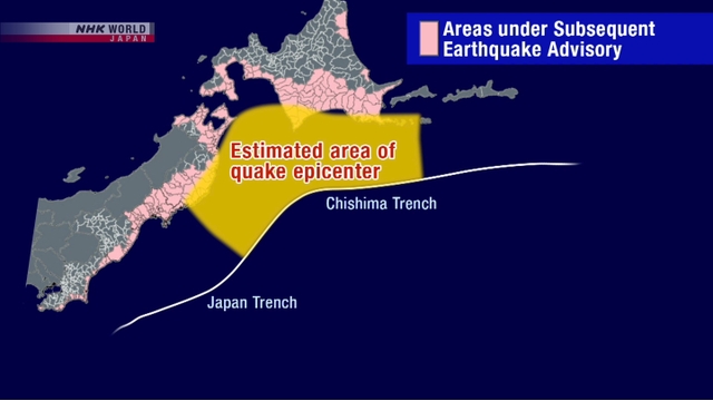 Peta wilayah peringatan potensi gempa mega di sepanjang pesisir Pasifik Jepang.