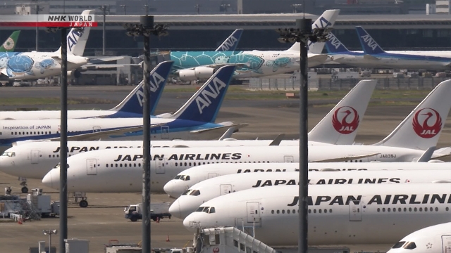 Pesawat maskapai All Nippon Airways (ANA) dan Japan Airlines (JAL) di landasan bandara.