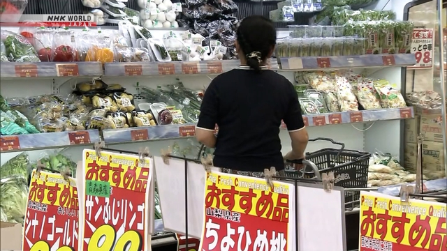 Ilustrasi bahan pangan di pasar Jepang dengan label harga.