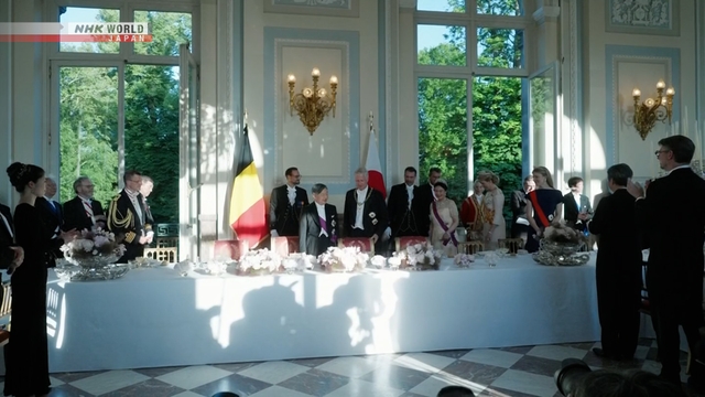 Kaisar Naruhito dan Permaisuri Masako menghadiri jamuan kerajaan di Kastel Laeken, Brussels, Belgia.