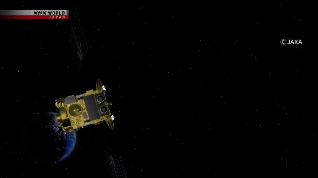 Ilustrasi wahana antariksa Hayabusa2 milik Jepang saat melintas dekat asteroid Torifune di antariksa.