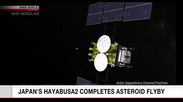 Ilustrasi wahana antariksa Hayabusa2 milik Jepang saat melintas dekat asteroid Torifune di antariksa.