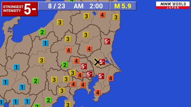 Peta lokasi pusat gempa bumi bermagnitudo 5,9 di wilayah Kanto dan Prefektur Ibaraki, Jepang