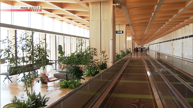 Suasana fasilitas satelit baru di Terminal 1 Bandara Haneda Tokyo dengan interior kayu dan jalur pejalan kaki bergerak.