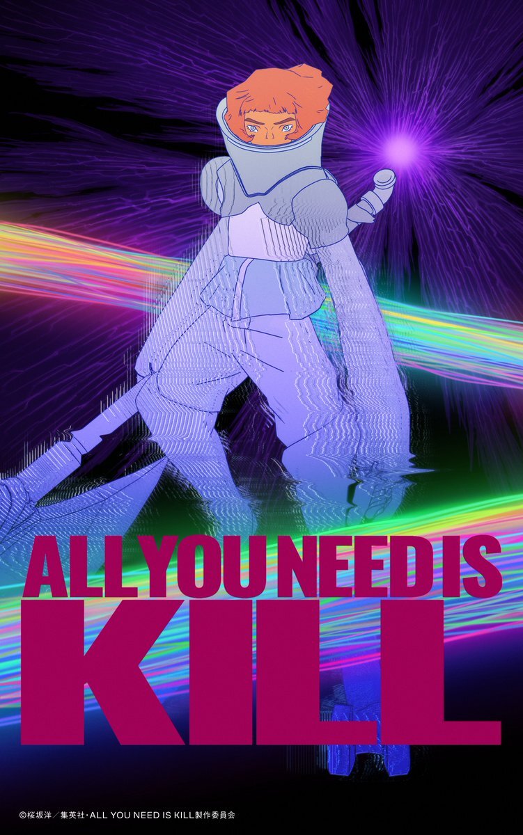Visual promosi film anime All You Need Is Kill yang menampilkan karakter utama dalam balutan perlengkapan tempur fiksi ilmiah.