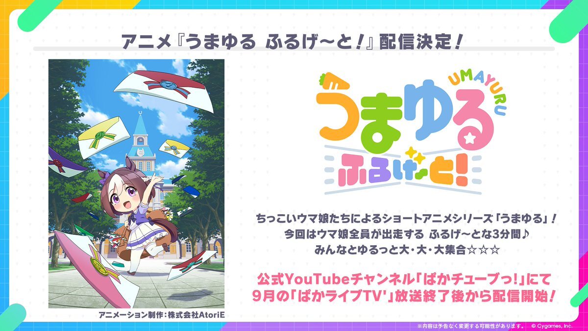 Visual pengumuman anime pendek Umayuru Full Gate! dari waralaba Uma Musume: Pretty Derby